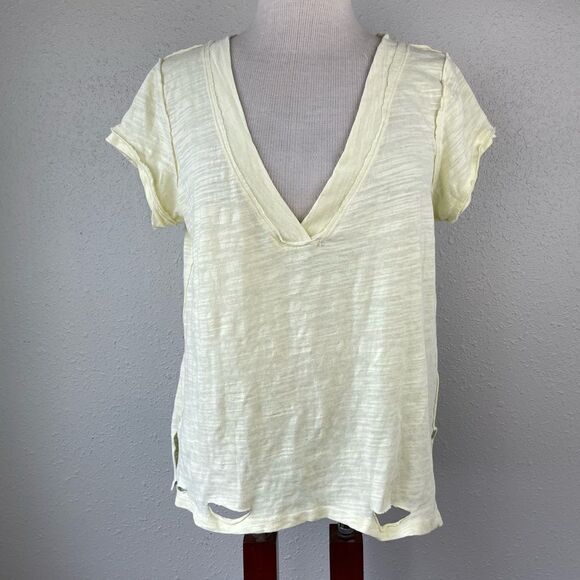 NWT We The Free Yellow V-Neck Distressed T-Shirt Size XS - Picture 1 of 8